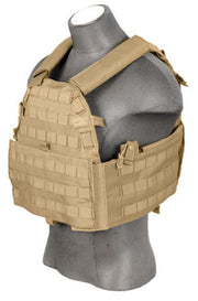 Lancer Tactical 69T4 1000D Nylon Tactical Vest in Tan, featuring MOLLE webbing for customizable gear attachments, designed to fit medium 9" x 12" plates, and compatible with Ac-245b EVA foam plates for added protection - Left Angle Front Side View of the Tactical Vest