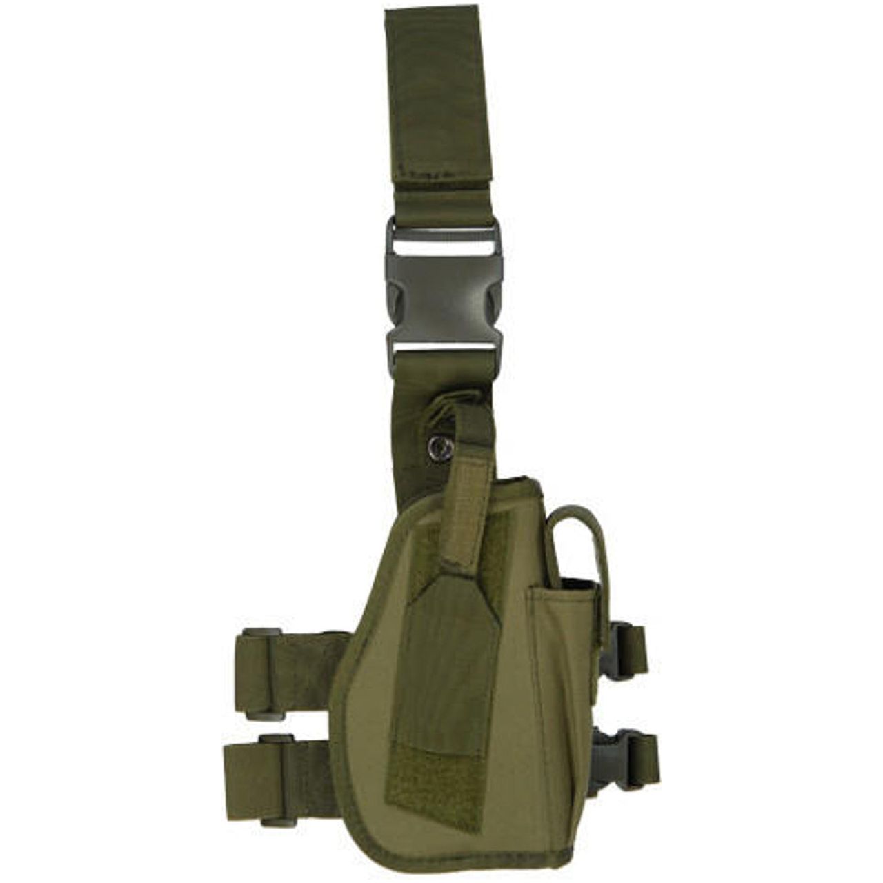 Lancer Tactical 92F Drop Leg Holster in Olive Drab nylon, designed for secure fit, durability, and comfort, ideal for tactical use.