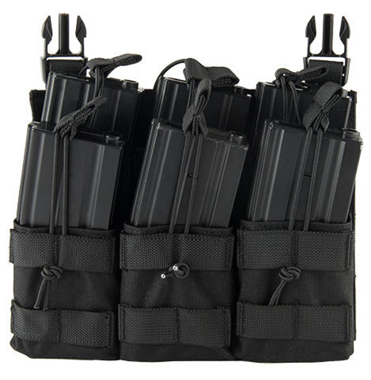 Lancer Tactical Adaptive Hook and Loop Triple Dual Mag Pouch in black, designed to hold up to six M4/M16 STANAG-style magazines. The pouch features bungee retention straps and a hook and loop attachment system for secure and easy magazine storage on tactical gear