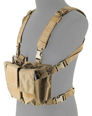 Side view of Lancer Tactical Adaptive Multi-Purpose Slim Chest Rig in Tan, showcasing adjustable straps and a comfortable fit for extended wear