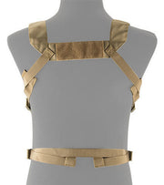 Back view of Lancer Tactical Adaptive Multi-Purpose Slim Chest Rig in Tan, highlighting the MOLLE webbing for attaching tactical pouches and accessories