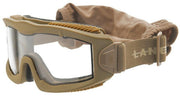 Lancer Tactical AERO Series Dual Pane Airsoft Goggles in Tan, featuring anti-fog dual pane lenses, full-seal design, and an adjustable strap for secure fit and comfort.