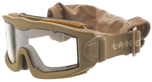 Lancer Tactical AERO Series Dual Pane Airsoft Goggles in Tan, featuring anti-fog dual pane lenses, full-seal design, and an adjustable strap for secure fit and comfort.
