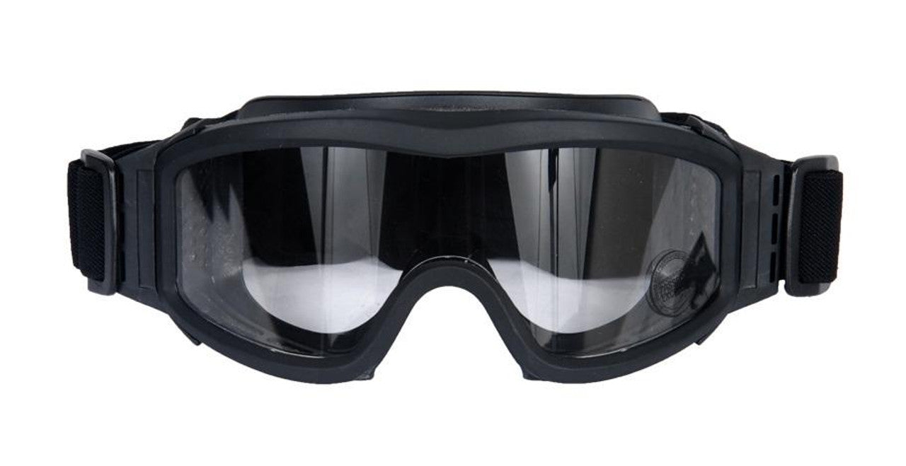 "Lancer Tactical airsoft safety goggles with an OD green frame, featuring a clear anti-fog lens and adjustable padded strap for secure and comfortable fit during outdoor activities