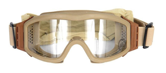 Lancer Tactical Airsoft Safety Goggles with Desert Tan frame, clear lens, and an adjustable strap, offering lightweight, full-seal protection for airsoft players.