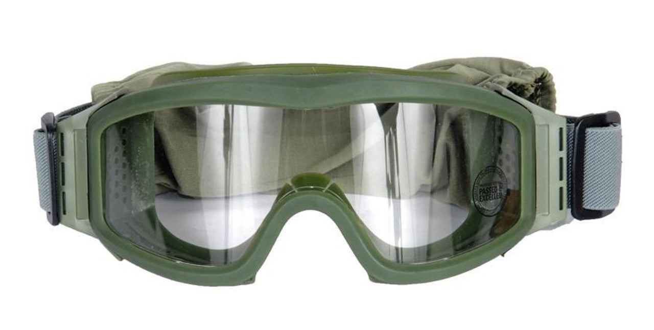 "Lancer Tactical airsoft safety goggles with an OD green frame and clear lens, featuring an adjustable padded strap and anti-fog ventilation for outdoor use