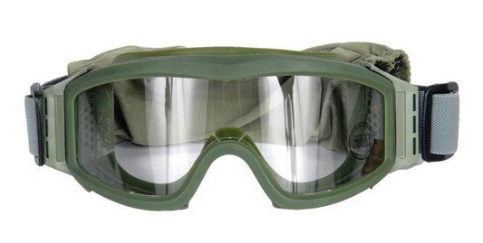 "Lancer Tactical airsoft safety goggles with an OD green frame and clear lens, featuring an adjustable padded strap and anti-fog ventilation for outdoor use