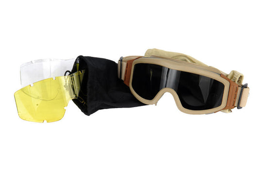 Lancer Tactical Airsoft Safety Goggles with a tan frame, featuring impact-resistant polycarbonate lenses and interchangeable clear, smoke, and yellow options for versatile eye protection.