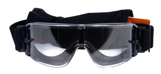 "Lancer Tactical frameless airsoft safety goggles with a clear lens, lightweight design, and anti-fog ventilation, offering full-seal eye protection for airsoft and tactical activities.