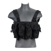 Front View of Lancer Tactical AK Chest Rig in Black with MOLLE Webbing and Mag Pouches