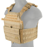 Side view of the Lancer Tactical Plate Carrier, showing the MOLLE webbing system and the plate carrier's durable construction for tactical use
