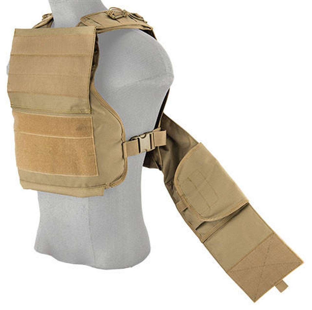 Side view of the Lancer Tactical MOLLE Plate Carrier in Tan, highlighting adjustable straps for a comfortable, customized fit