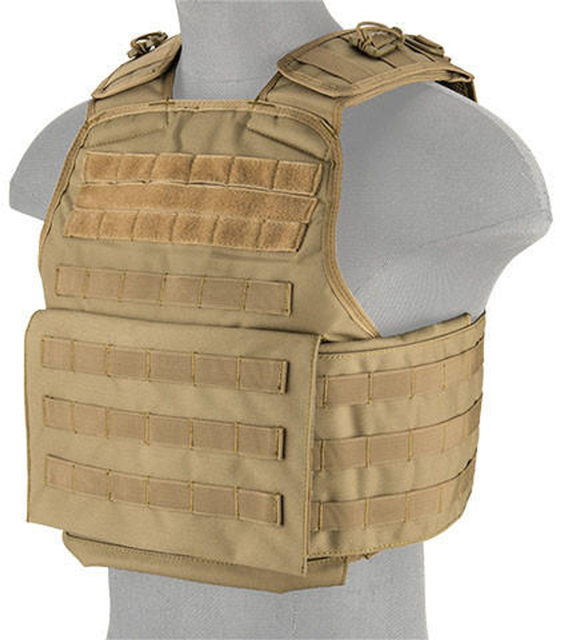 Front view of the Lancer Tactical Battle 1000D Nylon MOLLE Plate Carrier in Tan, featuring MOLLE webbing for gear customization and a durable design