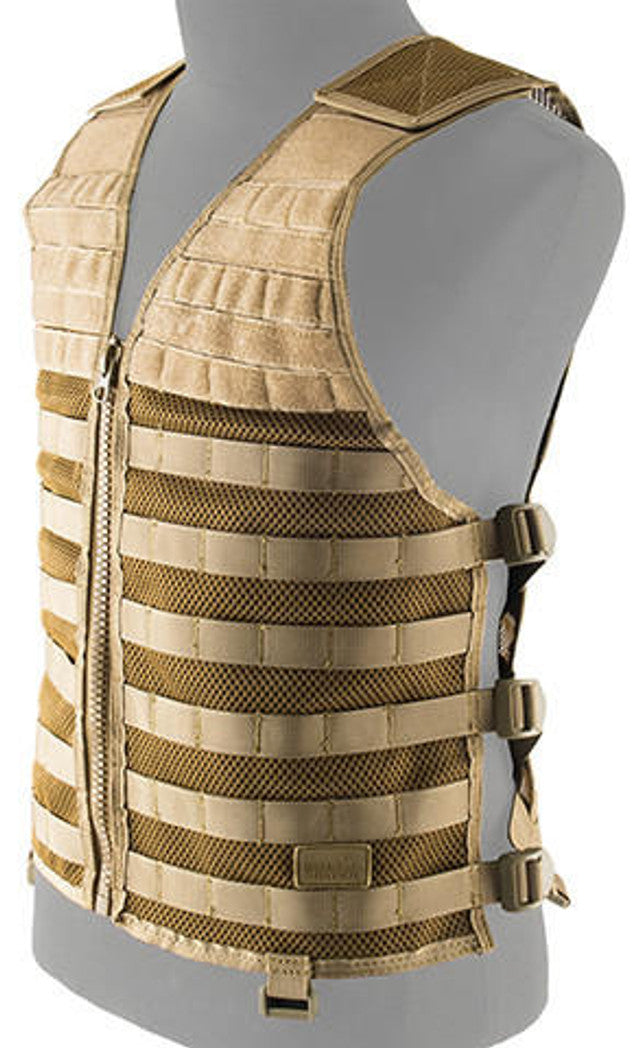 Lancer Tactical Breathable MOLLE/PALS Adjustable Mesh Vest in Tan with breathable mesh fabric, MOLLE webbing, and adjustable straps for a secure fit and customization.