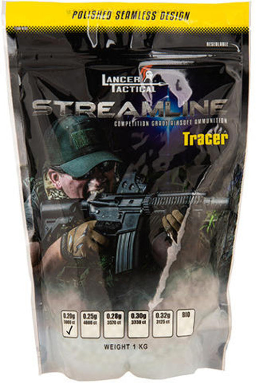 3570-round bottle of Lancer Tactical 0.28g biodegradable green tracer airsoft BBs, designed for tracer units and night gameplay.