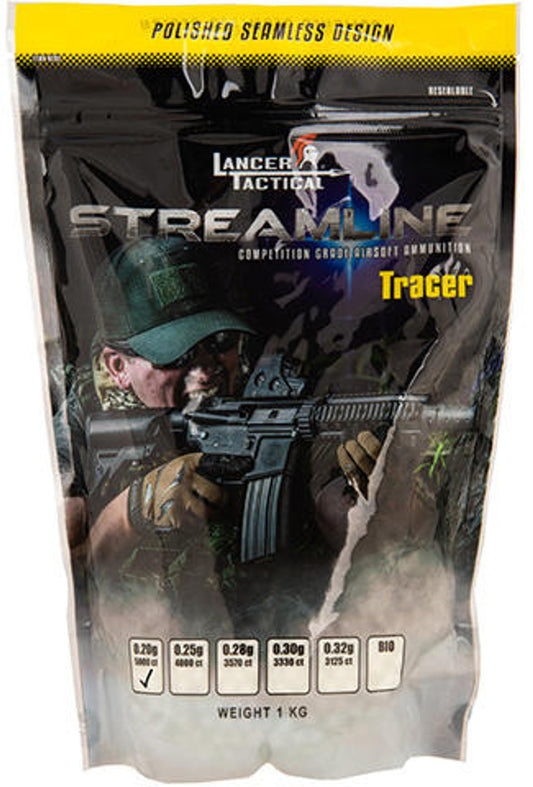 Lancer Tactical 0.30g Streamline Tracer Airsoft BBs, 3330 rounds in a resealable bag, green tracer glow, high-precision BBs for night games.
