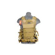 Airsoft combat vest with cross draw pistol holster and utility pouches