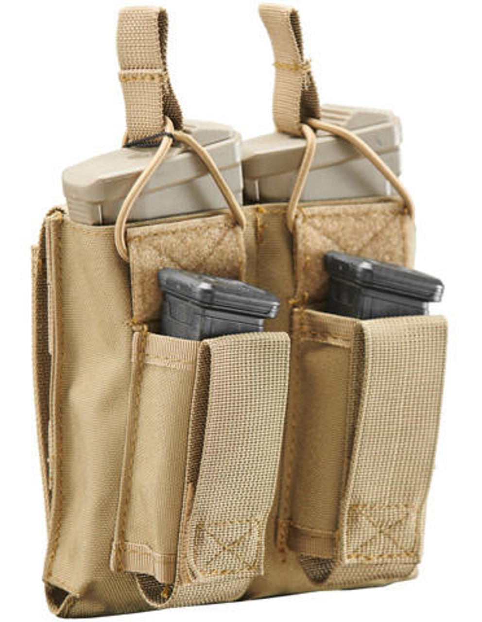 Lancer Tactical Double M4 / Pistol Magazine Pouch in Tan, designed to hold two M4 style magazines and two pistol magazines, featuring durable nylon fabric, bungee retention straps, and MOLLE compatibility for secure attachment to tactical gear.