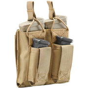 Lancer Tactical Double M4 / Pistol Magazine Pouch in Tan, designed to hold two M4 style magazines and two pistol magazines, featuring durable nylon fabric, bungee retention straps, and MOLLE compatibility for secure attachment to tactical gear.