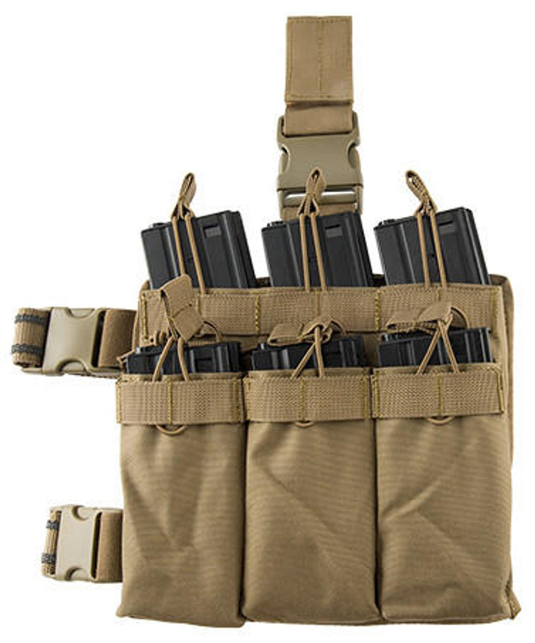 "Lancer Tactical Drop Leg Six M4/M16 Magazine Panel in Tan, designed to hold six M4/M16 magazines, featuring durable polyester fabric, wrap-around straps, bungee retention, and adjustable leg straps for secure attachment