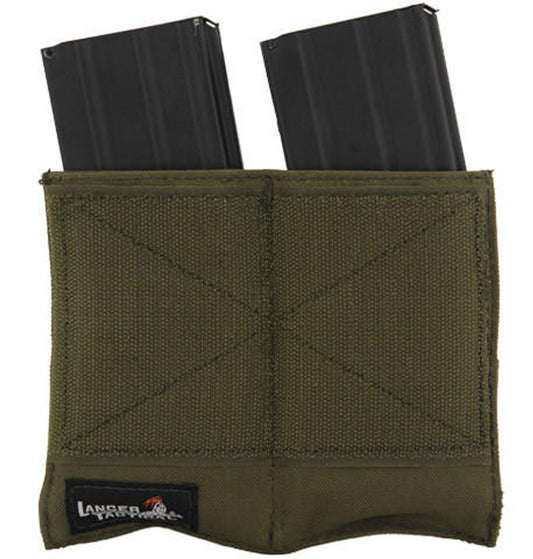 Lancer Tactical Dual Inner Mag Pouch in OD Green, designed to hold two M4 magazines. The pouch fits into the kangaroo pocket of a vest and features an open-top design for easy access and quick reloading.