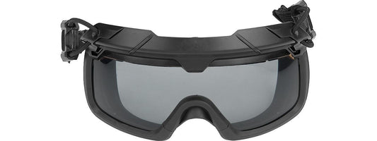 "Lancer Tactical Helmet Safety Goggles with Smoke Lens attached to a tactical helmet, showcasing durable, impact-resistant design ideal for airsoft and training use.