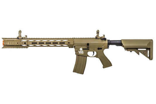 Adjustable stock and iron sights on Lancer Tactical Interceptor SPR Gen 2 AEG Rifle – rear view