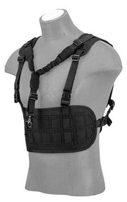 Front view of the Lancer Tactical Laser Cut Airsoft Chest Rig in Black, featuring laser-cut MOLLE webbing and customizable pouches for tactical gear - Front side view with left angle