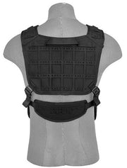 Front view of the Lancer Tactical Laser Cut Airsoft Chest Rig in Black, featuring laser-cut MOLLE webbing and customizable pouches for tactical gear 