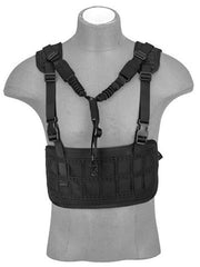 Front view of the Lancer Tactical Laser Cut Airsoft Chest Rig in Black, featuring laser-cut MOLLE webbing and customizable pouches for tactical gear.