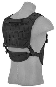 Front view of the Lancer Tactical Laser Cut Airsoft Chest Rig in Black, featuring laser-cut MOLLE webbing and customizable pouches for tactical gear - back sided view with right angle