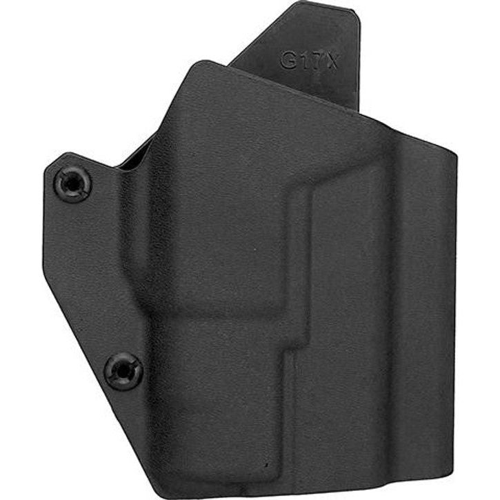 Lancer Tactical Light Bearing Hard Shell Holster in black, designed for Glock 17 pistols. The holster features a durable hard-shell polymer construction with nylon reinforcement, and a light-bearing design for accommodating weapon lights.