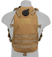 Front view of the Lancer Tactical Lightweight Hydration Airsoft Pack in Tan, showcasing MOLLE webbing for attaching additional gear