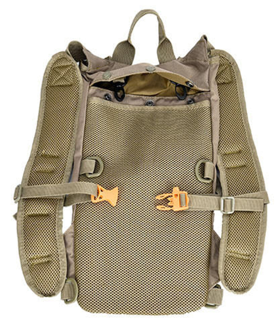 op view of the Lancer Tactical Lightweight Hydration Backpack, Coyote Brown, showing the utility pouches and hydration bladder clips.