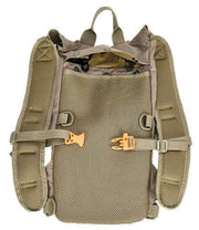 op view of the Lancer Tactical Lightweight Hydration Backpack, Coyote Brown, showing the utility pouches and hydration bladder clips.