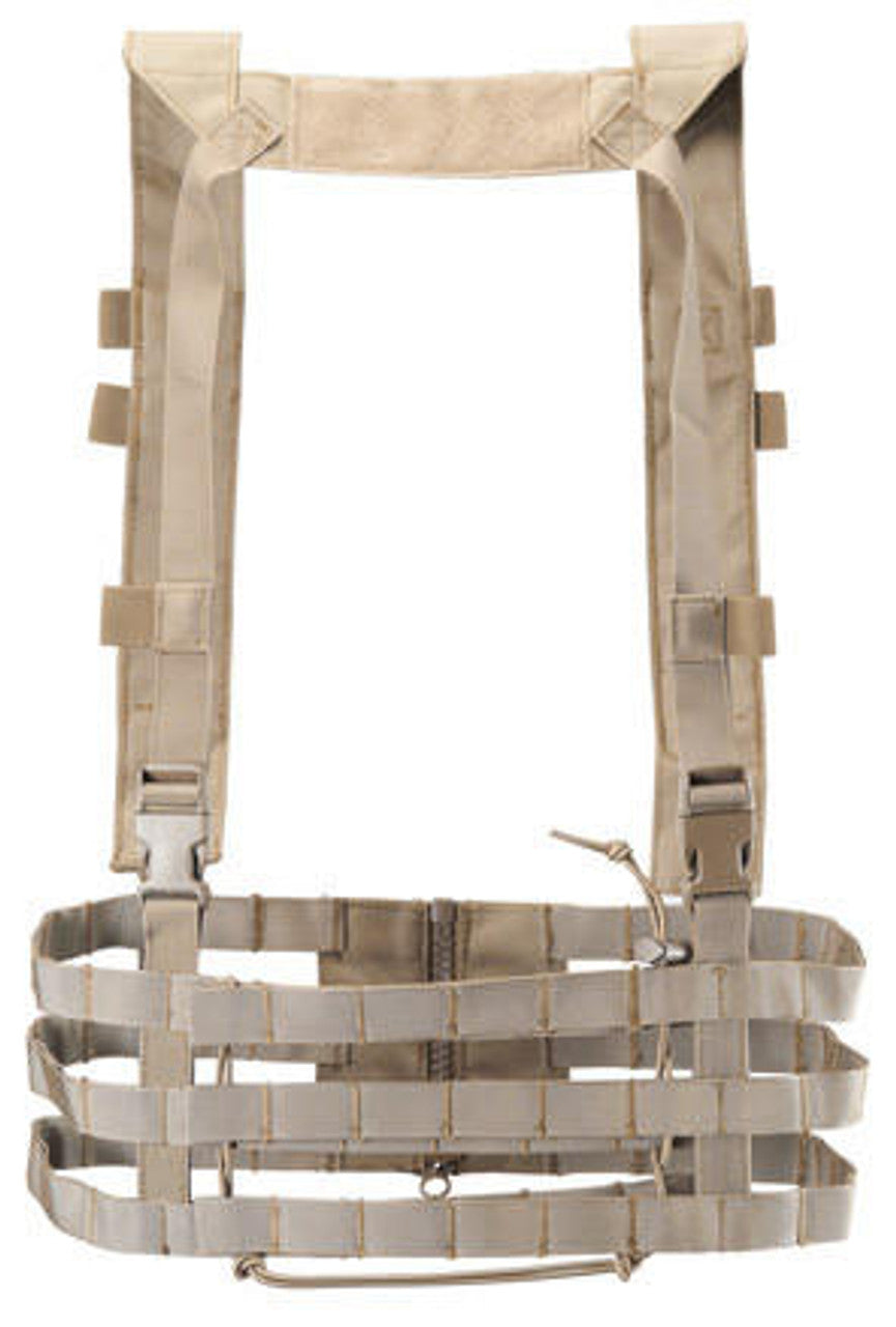 Front view of Lancer Tactical Low Profile Chest Rig in Tan, featuring MOLLE webbing for customizable gear attachment and a compact, streamlined design