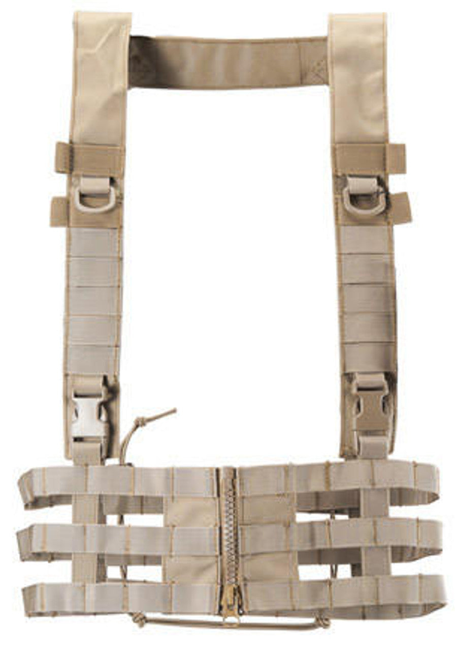 Back view of Lancer Tactical Low Profile Chest Rig in Tan, showing MOLLE/PALS webbing for additional gear attachment and customization