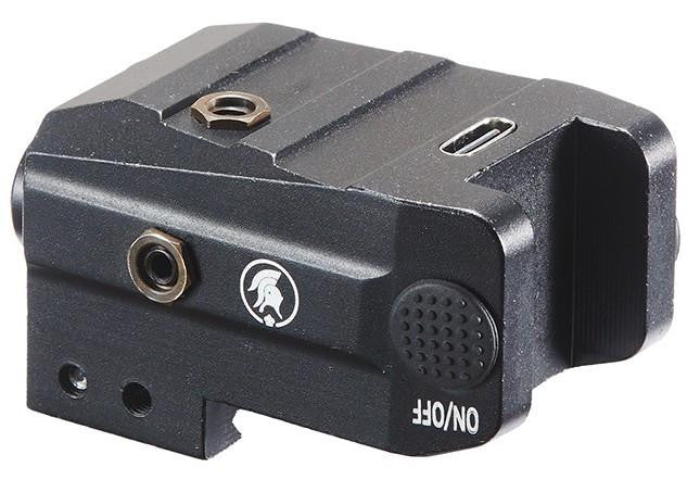 Lancer Tactical Low Profile Picatinny Flashlight w/ Red Lase left side view with Lancer Tactical logo