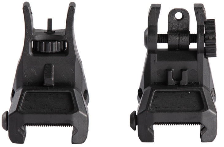 Set of front and rear Lancer Tactical polymer flip-up sights, MPN UK-LT-35B-SIGHT, featuring high-tension spring deployment and matte black finish.