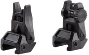 Lancer Tactical LT-35 black polymer flip-up iron sights for airsoft rifles, shown in both folded and deployed positions on a 20mm Picatinny rail."