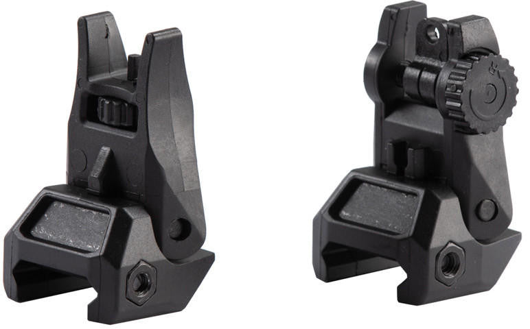 Lancer Tactical LT-35 black polymer flip-up iron sights for airsoft rifles, shown in both folded and deployed positions on a 20mm Picatinny rail."