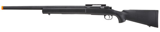 Lancer Tactical M24 spring-powered bolt action airsoft sniper rifle in matte black, displayed with accessories on a tactical background