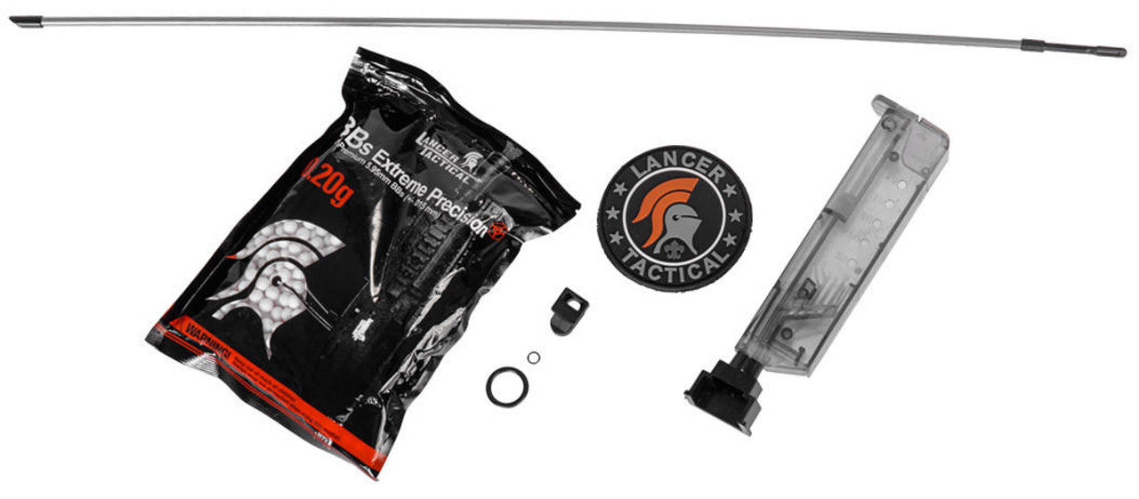 Lancer Tactical M4A1 Gas Blowback Airsoft Rifle - cleaning rod, BB loader, Patch, and starter bb pack