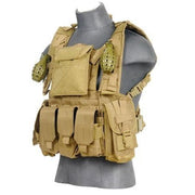 Lancer Tactical modular chest rig in tan with triple mag pouches and MOLLE webbing - Front left side view with pouch and magazine pouches