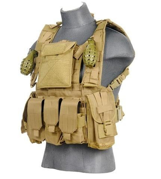 Lancer Tactical modular chest rig in tan with triple mag pouches and MOLLE webbing - Front left side view with pouch and magazine pouches