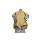 Lancer Tactical modular chest rig in tan with triple mag pouches and MOLLE webbing - Back side view of Shoulder and lower back straps 