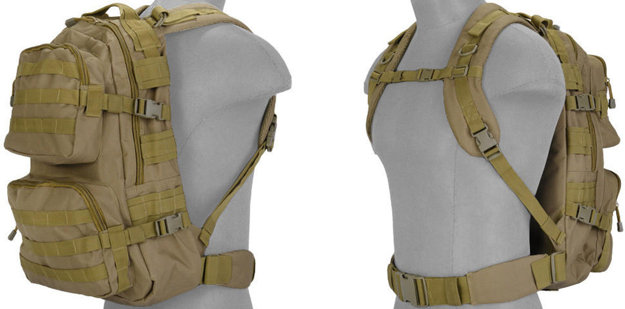 Lancer Tactical Multi-Purpose Backpack in Dark Earth, with MOLLE webbing, adjustable straps, and large main compartment for tactical gear storage, Back Side View from Right Angle View and Front Side View of Shoulder Straps