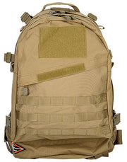 Lancer Tactical 3-Day Assault Pack in AT-FG Tan, with MOLLE webbing, Front Side View of Straps, Zipper, and Top Handle