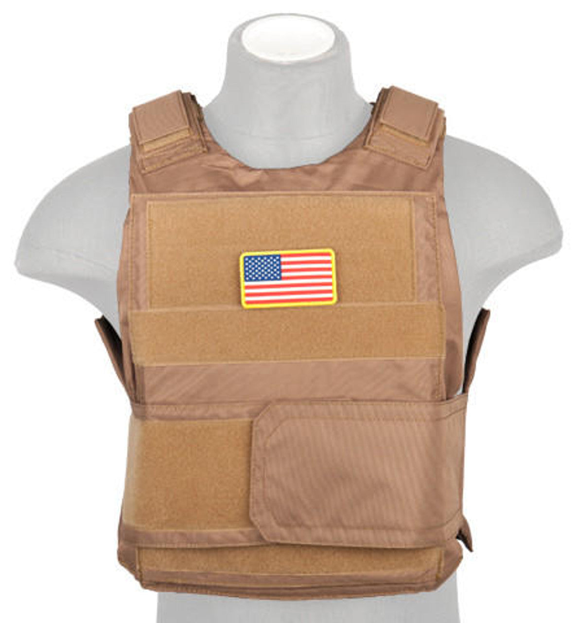 Front view of the Lancer Tactical Nylon Body Armor Tactical Vest in Khaki, showcasing MOLLE webbing for customizable pouch attachment