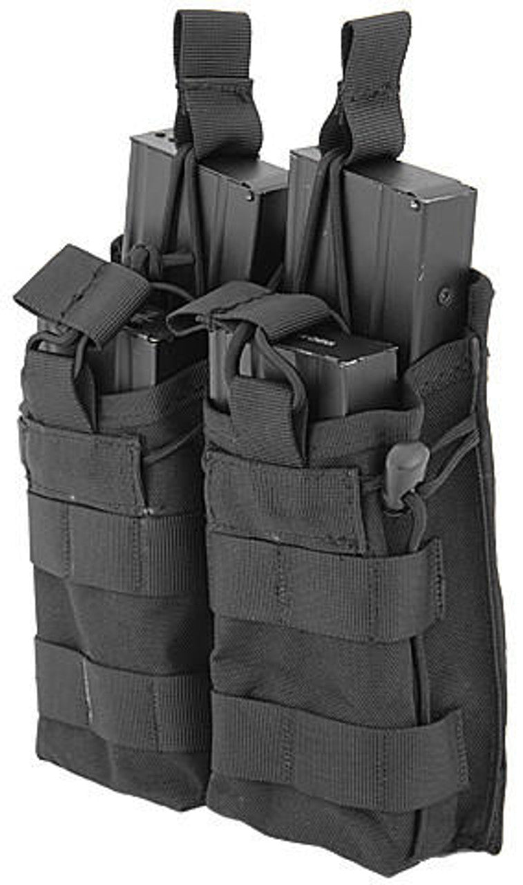 Black Lancer Tactical Nylon Bungee Open Top Double Mag Airsoft Pouch with bungee retention system and MOLLE compatibility.